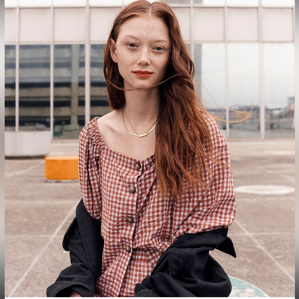 Madewell Gingham Seersucker Puff-Sleeve Button-Front Top and Smocked Mini Skirt